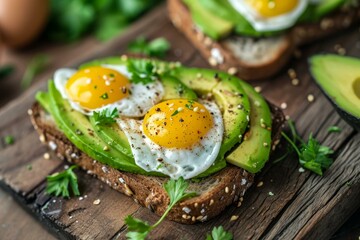 Healthy avocado toast topped with poached eggs and sprinkled with herbs, on a wooden board