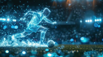 Holographic Footballer in Action at Stadium - Sport and Competition Concept
