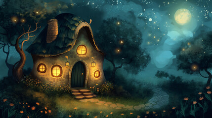 The image is a beautiful illustration of a small cottage in a forest at night. The cottage is surrounded by tall trees and a bright full moon shines in the sky.