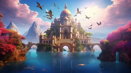 A surreal illustration of a mosque on a floating island