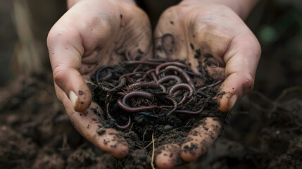 Farmer hands holding Fertile soil and earthworms.