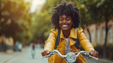 Dark-skinned girl smiling while riding a bicycle