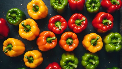 top view of red green and yellow pepper background create with ai