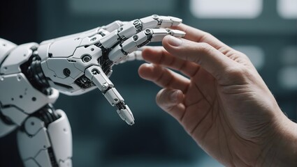 White cyborg finger about to touch human finger create with ai