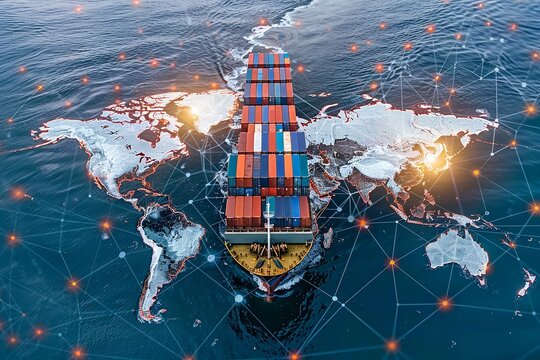 Aerial top view of cargo maritime ship with contrail in the ocean ship carrying container and running for export concept technology freight shipping, logistics, container ship, communication concept