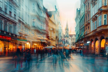 Fototapeta premium Pedestrian blur, crowd of people walking in old EU city, panoramic view of people crossing the street