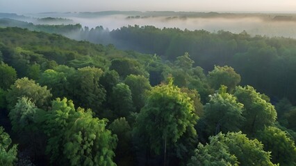 Obraz premium Fresh spring deciduous forest in fog in the morning. Virgin untouched nature. Bird's eye view. Fresh air, lungs of the planet. Ecological concept. 