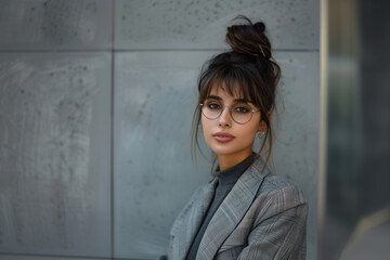 Young woman standing near grey wall. Business portrait. Office siren aesthetic