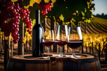 Glass of wine and bottle on wooden table in farm field.