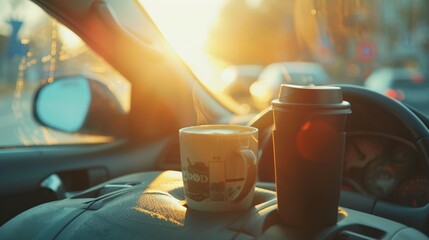 A car with a coffee cup and travel mug in the cup holders on a morning commute, sunlight streaming...
