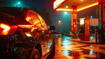A car parked in front of a gas station with the pump filling the tank, casting a warm glow on the car's exterior - Powered by Adobe