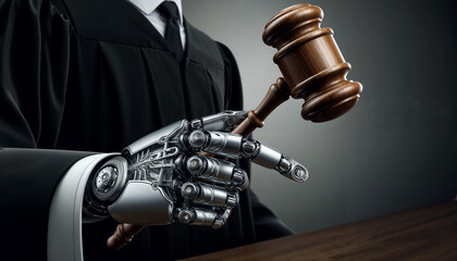 Robotic Hand Holding a Wooden Gavel Symbolizing Technology in Law
