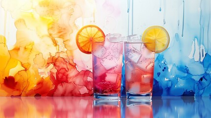 Two glasses of cocktail lemon slice on colorful background