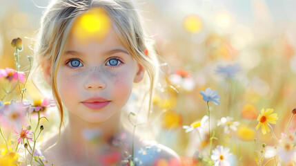 Fototapeta premium Little girl freckles on face standing in field of flowers