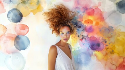 Portrait of curly-haired woman watercolor paint splattered on face clothes