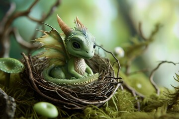 Fototapeta premium Captivating baby dragon figurine nestled within a woodland nest, evoking a magical ambiance