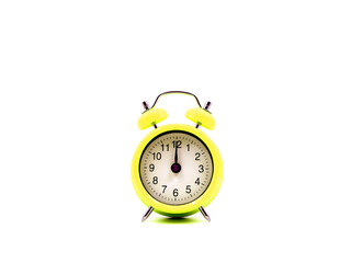 Yellow clock at 12 o'clock isolated on white background. Alarm clock. Concept new year with copy space.
