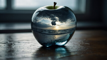 Apple is under water in a stream of air bubbles on a black background
