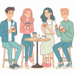 vector of group of men and women drinking coffee in flat design style