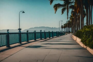 Amazing view of walkway with mountains and palm trees to the beach.