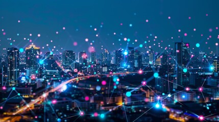 Obraz premium Smart city dot point connect with gradient line, connection technology metaverse concept. Bangkok, Thailand night city banner with big data.