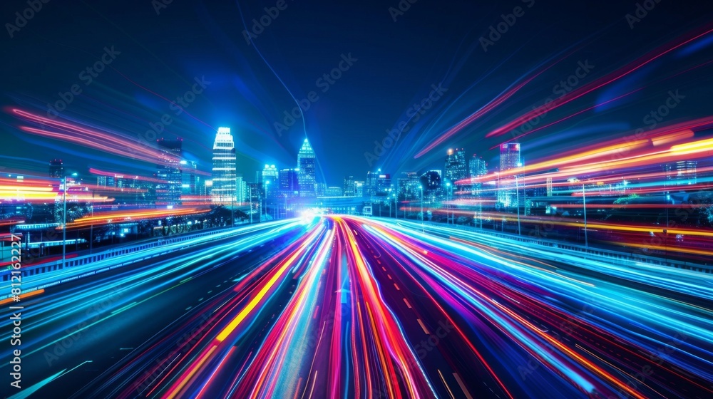 Poster smart city with speed line glowing light trail surround the city. big data connection technology con