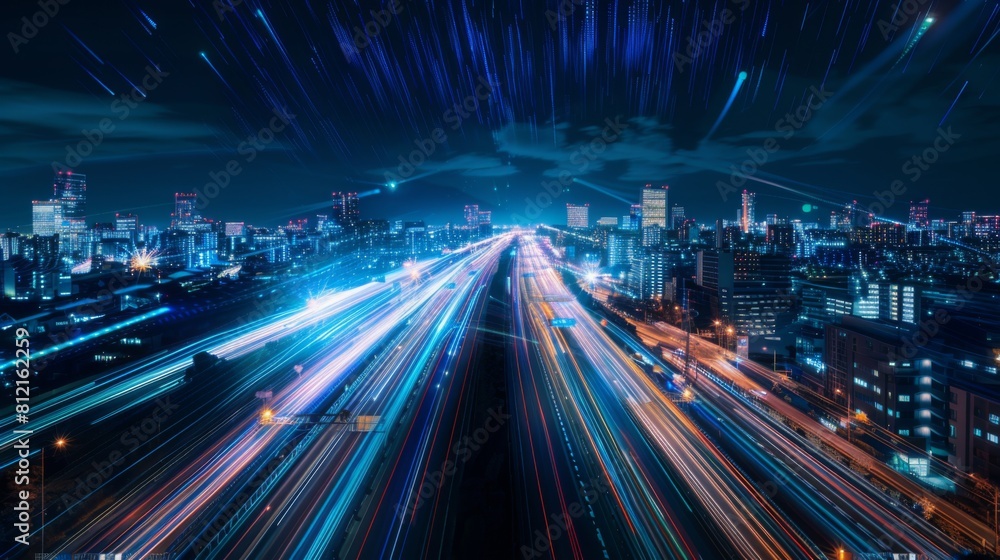 Poster smart city with speed line glowing light trail surround the city. big data connection technology con