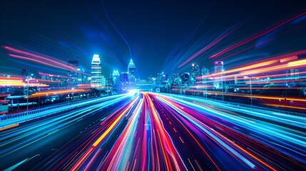 Fototapeta premium Smart city with speed line glowing light trail surround the city. big data connection technology concept