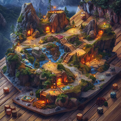 Obraz premium Fantasy tabletop role-playing game with dice and a game board with mountains, bridges, rivers and trees.