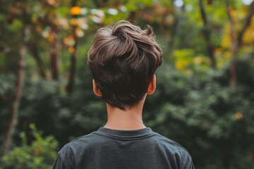 Young boy seen from behind looks towards a vibrant natural backdrop
