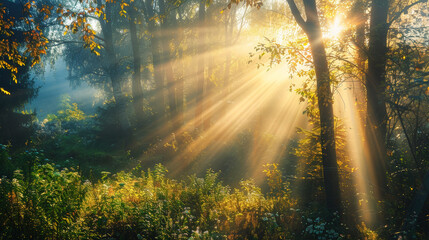 Obraz premium Beautiful rays of sunlight in a green forest in autumn. Generative AI