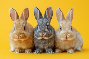 Fototapeta premium Three adorable pet rabbits, their fluffy fur vibrant against a beige background, evoke Easter charm.