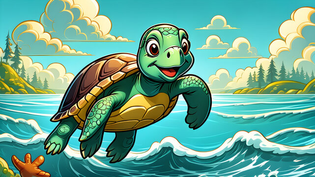 colorful children's illustration of turtle. cute cartoon turtle on the background of the sea.