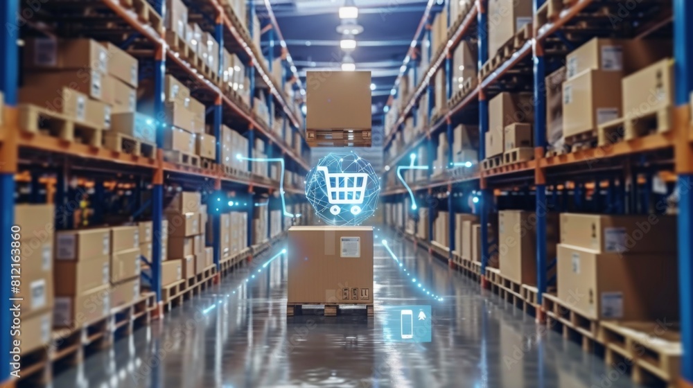 Poster Smart warehouse management system with innovative internet of things technology to identify package picking and delivery . Future concept of supply chain and logistic network business .