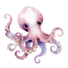 A cute watercolor octopus with big eyes and a friendly smile.