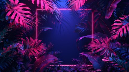 Neon tropical leaves frame background with copy space