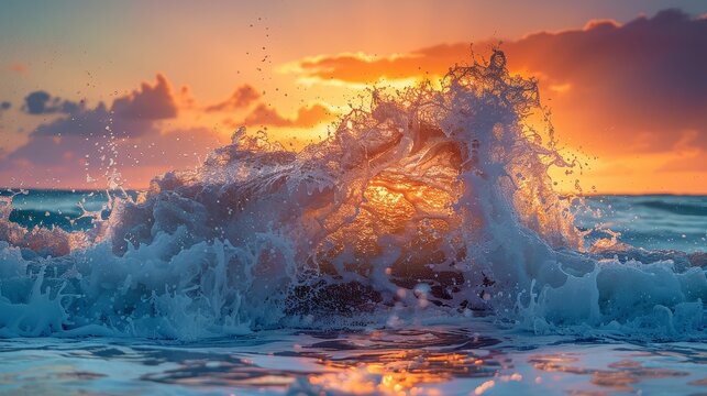 photo of a wave, taken with Sony Alpha A7 III camera, natural colors, water splash in the air, sunset sky in the background, blue sea, hyper realistic of nature