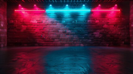 Red and blue neon light on brick wall background, stage or concert scene with spotlight and copy space for design