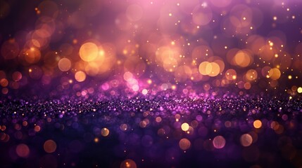 A blurred background of purple and gold lights with bokeh effects glittering particles Abstract background for design in the style of light golden, dark violet, and black