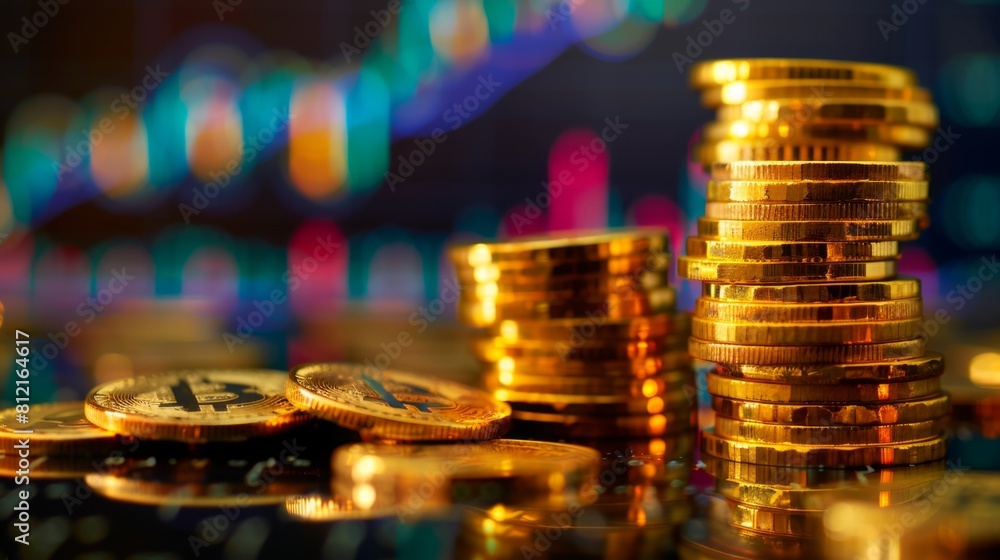 Aufkleber stack of gold money coin with trading graph, financial investment concept can be use as background
