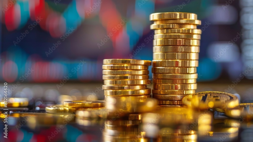 Aufkleber stack of gold money coin with trading graph, financial investment concept can be use as background