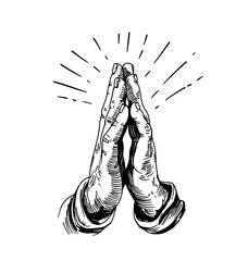 Hands in prayer, engraving style. Hand drawn set, vector illustration, black outline