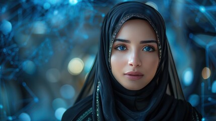 Futuristic Muslim Beauty in Abaya: A Stunning Middle Eastern Woman against a Futuristic Backdrop