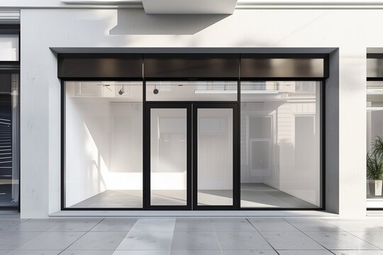 The white storefront is built with glass and a black aluminum frame. An empty shop sits on the side of the road. For mockups Various designs