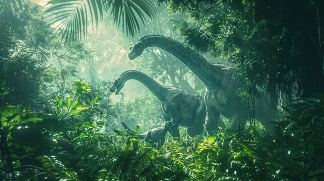 AI-generated majestic dinosaurs in a prehistoric landscape. Brontosaurus or diplodocus. Vivid colors and details bring these ancient creatures to life.