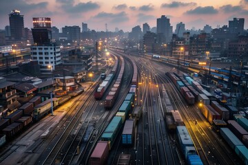 High angle view of train tracks and many shipping containers Evening atmosphere.