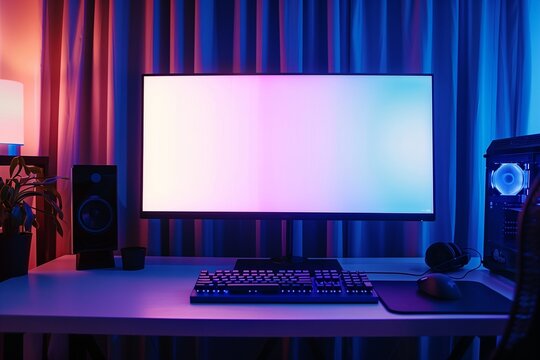 Gamer computer set Blank monitor screen in colorfully lit room for gaming or live streaming.