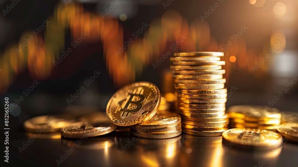 Poster Stack of gold money coin with trading graph, financial investment concept can be use as background