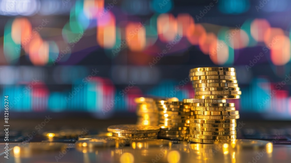 Poster stack of gold money coin with trading graph, financial investment concept can be use as background