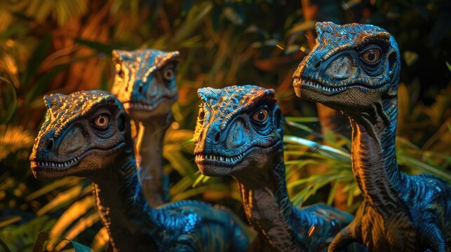 AI-generated majestic dinosaurs in a prehistoric landscape. Raptor. Vivid colors and intricate details bring these ancient creatures to life. The concept of time when dinosaurs ruled the Earth.